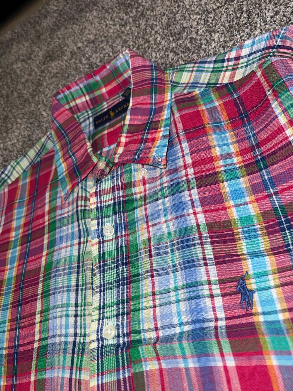Ralph Lauren Men’s Large 100% Linen Madras Plaid Button Down Shirt Multicol